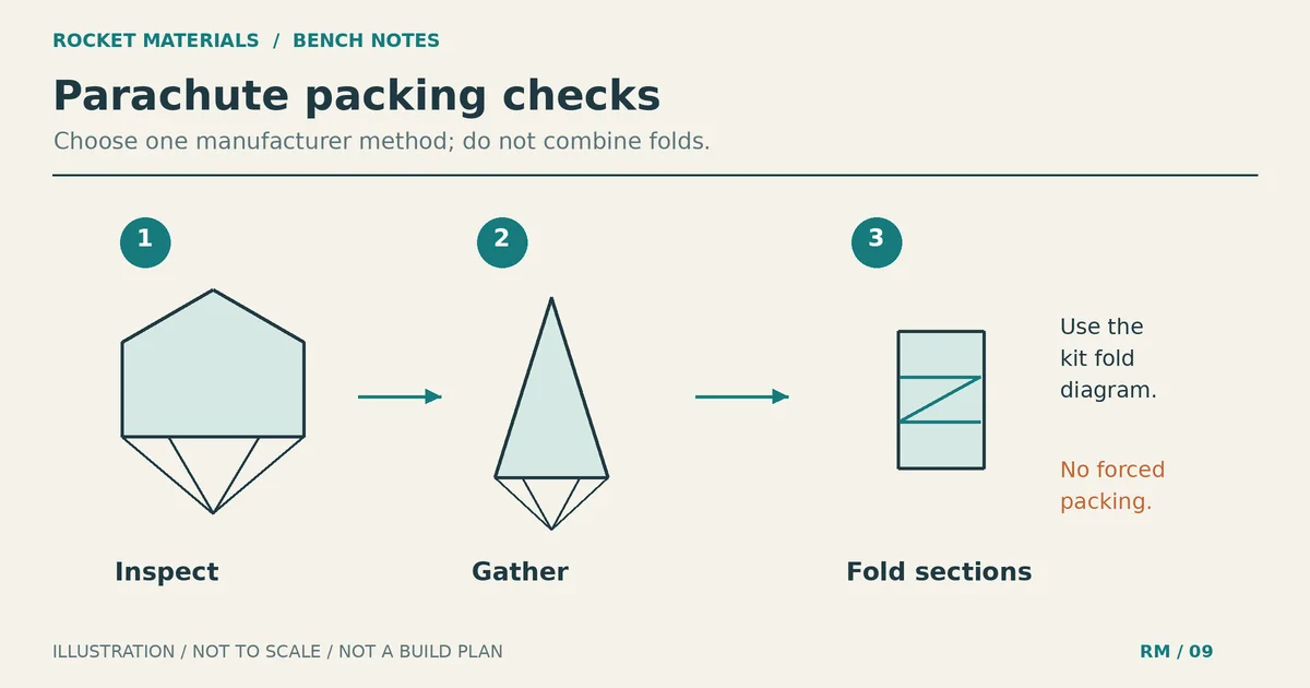 Conceptual canopy inspection, gathered spike and folded-section stages referencing the kit packing diagram.