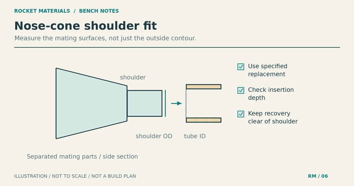 Separated nose-cone shoulder and body-tube section identifying shoulder outside diameter and tube inside diameter.