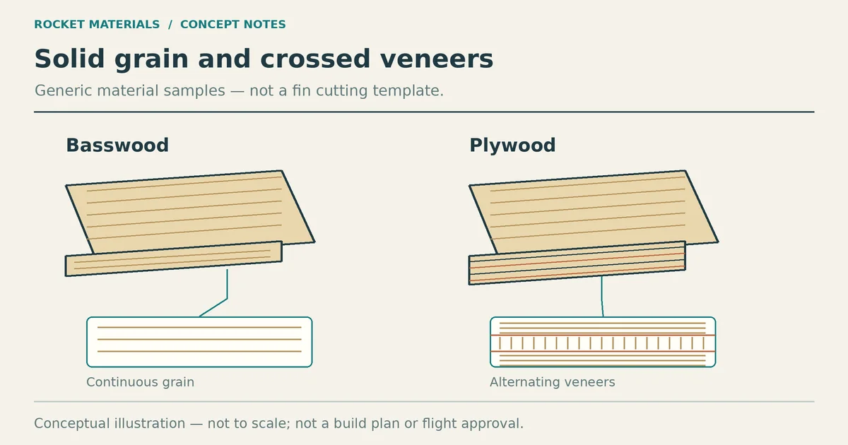 Conceptual basswood and plywood samples comparing continuous grain with alternating veneers; not a cutting template.