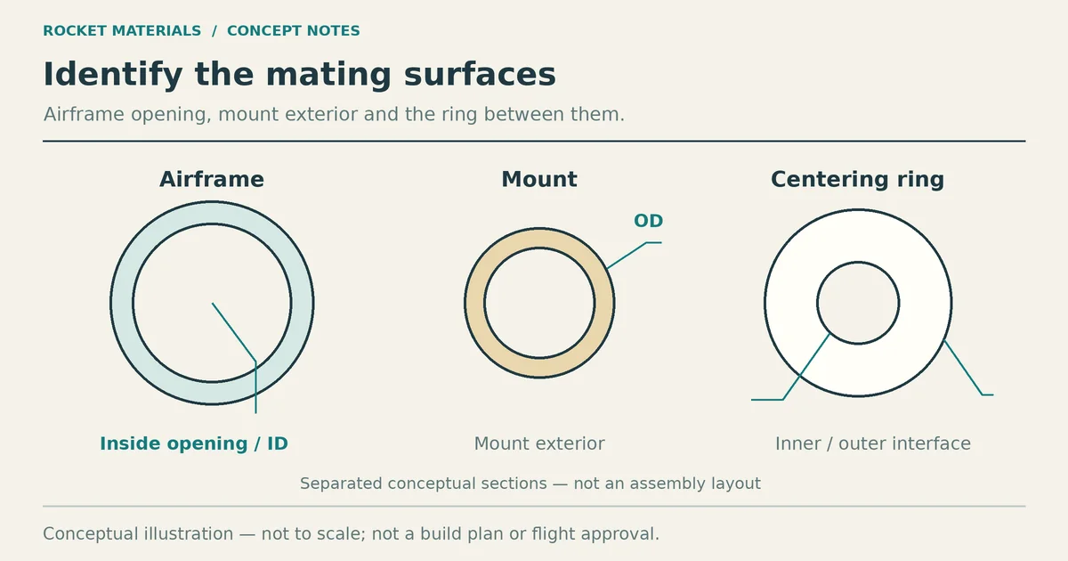 Separated conceptual airframe, motor-mount and centering-ring sections identifying ID, OD and mating surfaces.